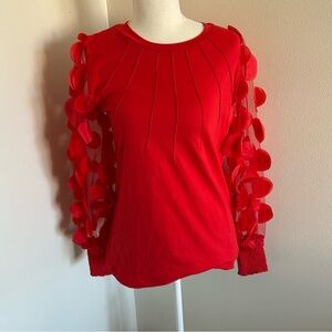 ChicMe Red Long Sleeve Top with Sheer 3D Floral Sleeves | Size Small